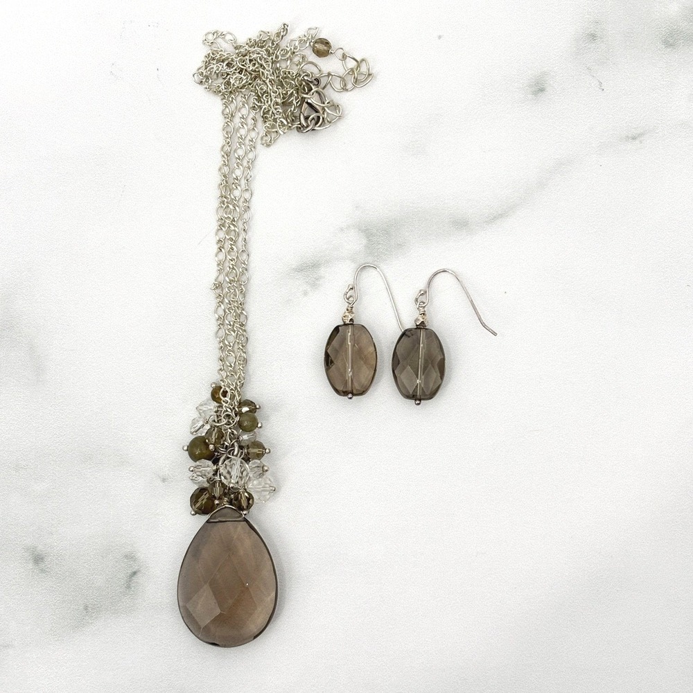 Silvertone Necklace & Earring Set Brown Faceted Teardrop Pendant 16–19"‎